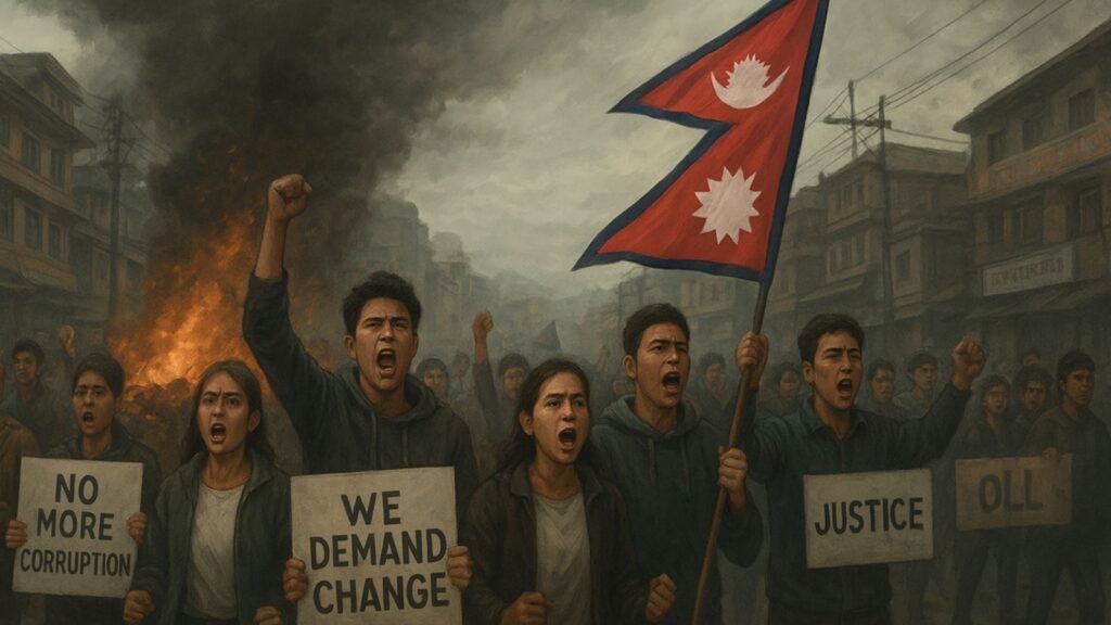 Nepal youth protestors waving flags and holding placards in Kathmandu streets during 2025 demonstrations.