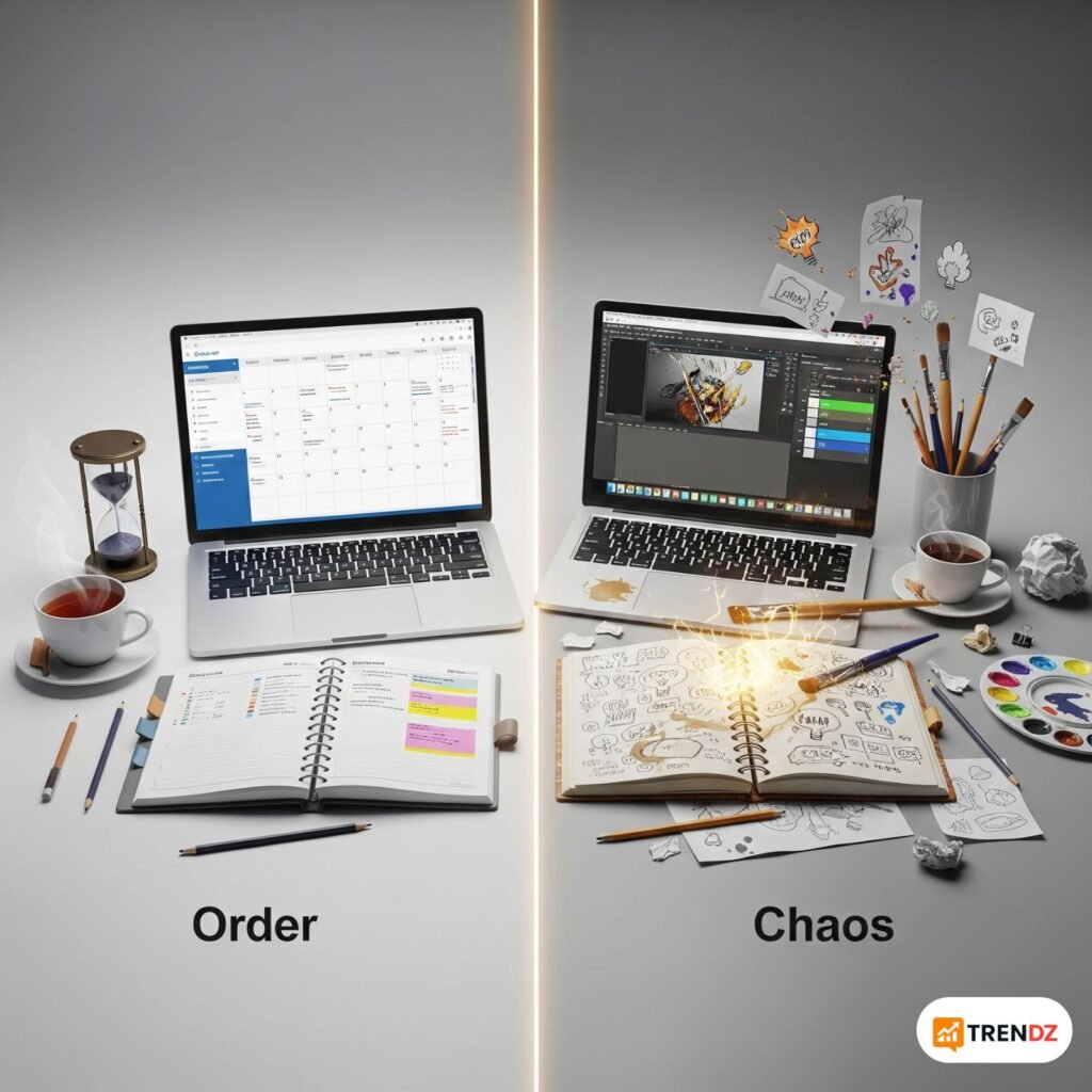 A 3D render of a desk split into an organized productivity zone and a messy creative zone, illustrating time blocking.