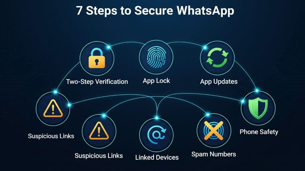 Infographic of 7 steps to secure messaging apps with icons for security features Title: 7 Steps to Protect WhatsApp From Hackers