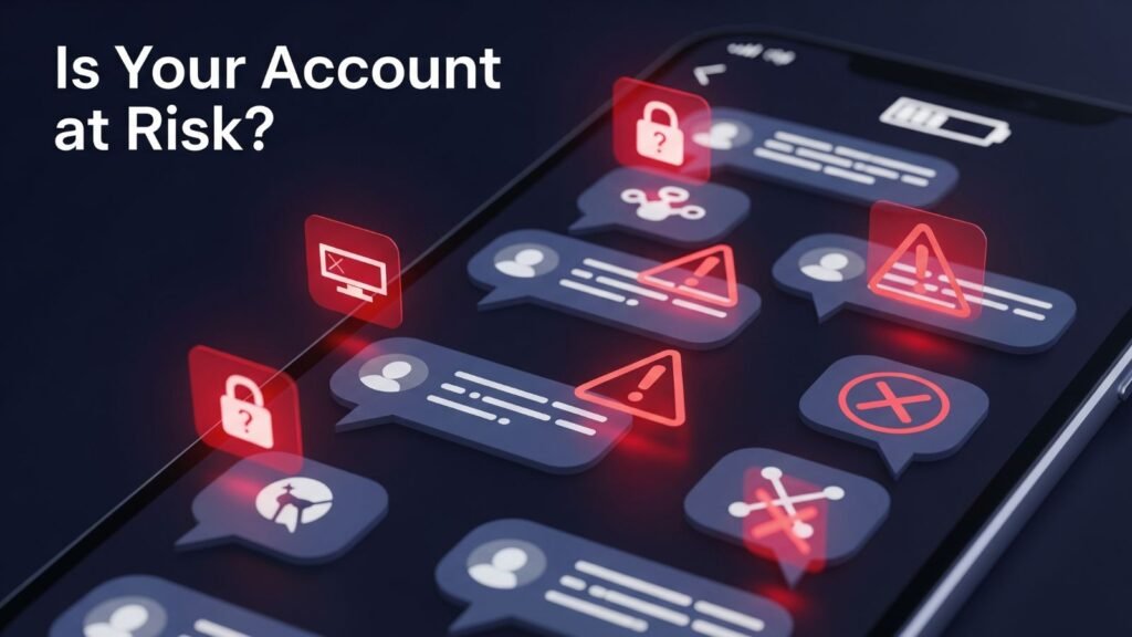 Warning signs of a hacked messaging app with suspicious messages and alerts