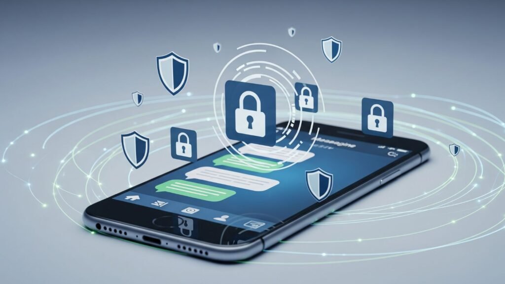 Illustration of secure messaging with padlocks and shields for privacy