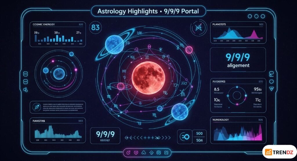Astrology dashboard showing planetary transits, Pisces Blood Moon, and 9/9/9 portal energy.