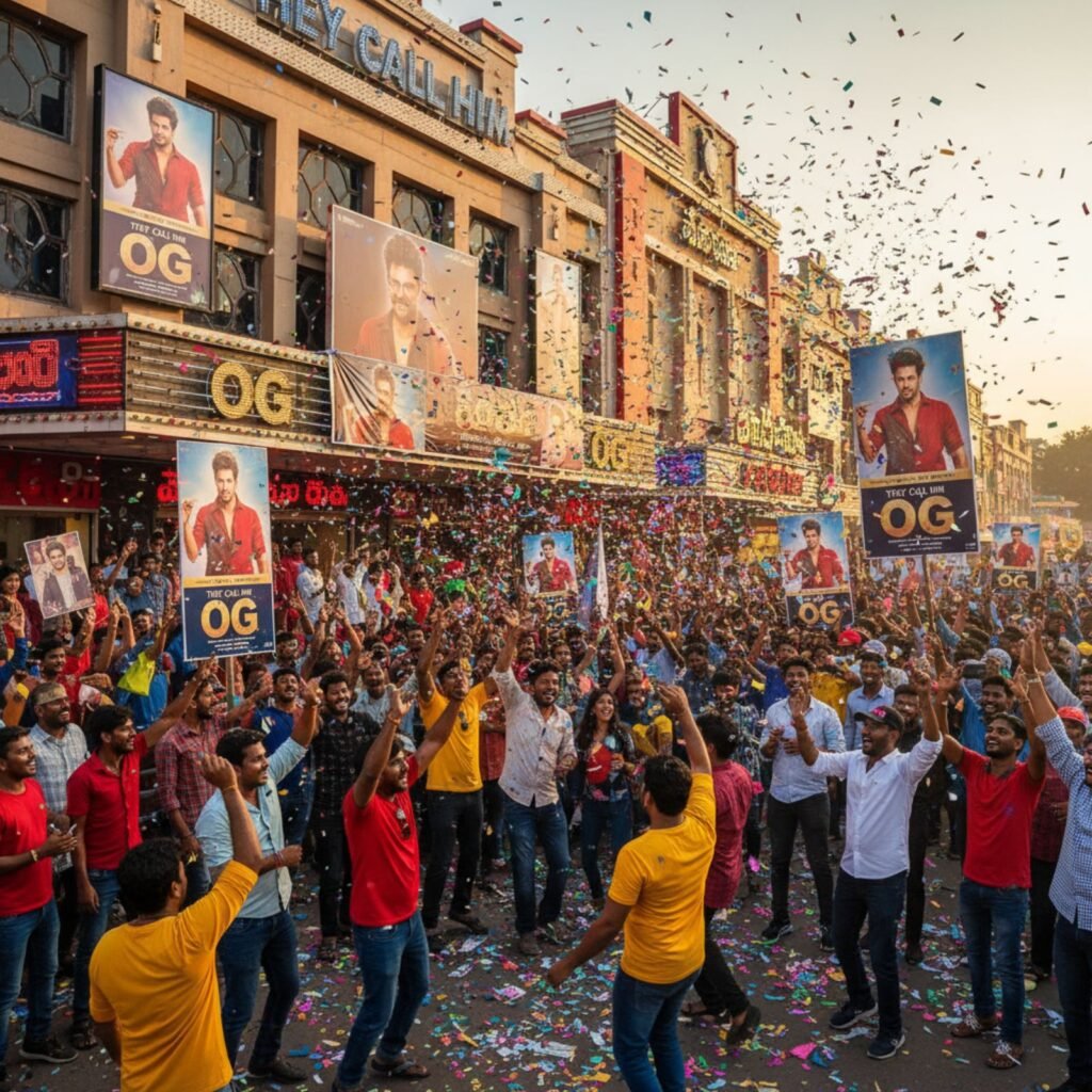 Fans celebrating They Call Him OG outside theatres