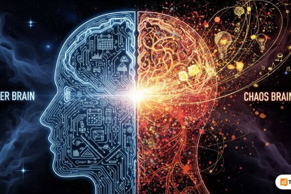 Illustration of a human head split between organized logic and creative chaos, representing the Two-Brain Rule.