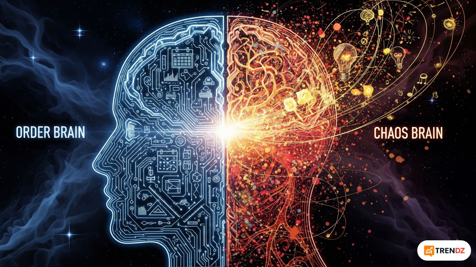 Illustration of a human head split between organized logic and creative chaos, representing the Two-Brain Rule.