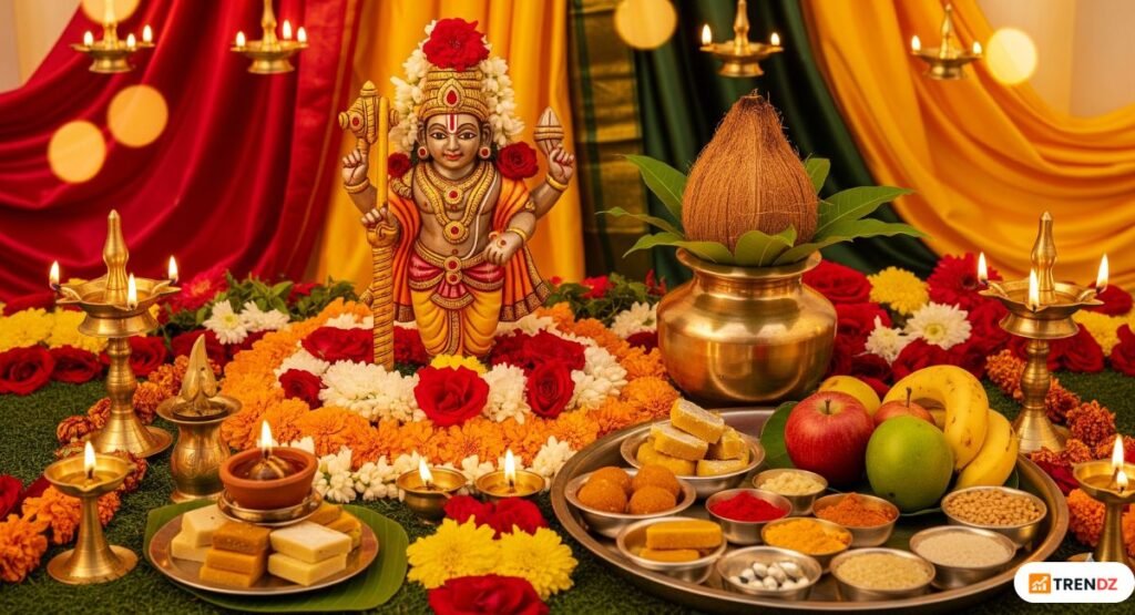Vamana Jayanti 2025 puja setup with flowers, diya, and offerings