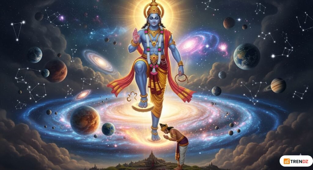 Mythological illustration showing Lord Vamana and King Bali for Vamana Jayanti 2025