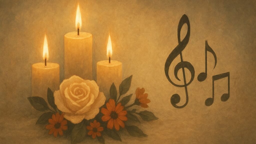 Tribute illustration with candles, flowers and musical notes in memory of Zubeen Garg