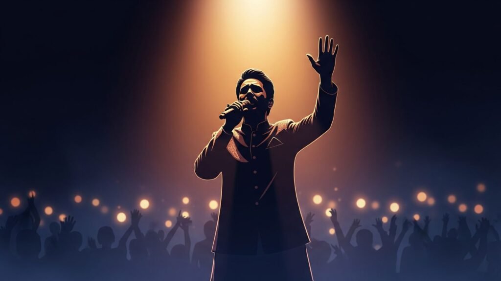 Silhouette of an Indian singer with microphone on stage symbolizing Zubeen Garg music legacy