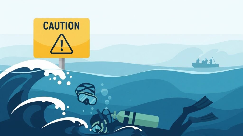Conceptual illustration of scuba diving accident with symbolic waves and caution sign for Zubeen Garg news