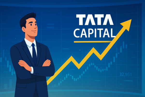Investor standing in front of a Tata Capital IPO stock screen symbolizing financial growth.