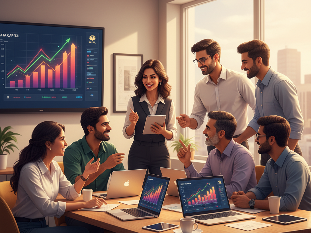 Group of investors enthusiastically discussing Tata Capital IPO in an office.
