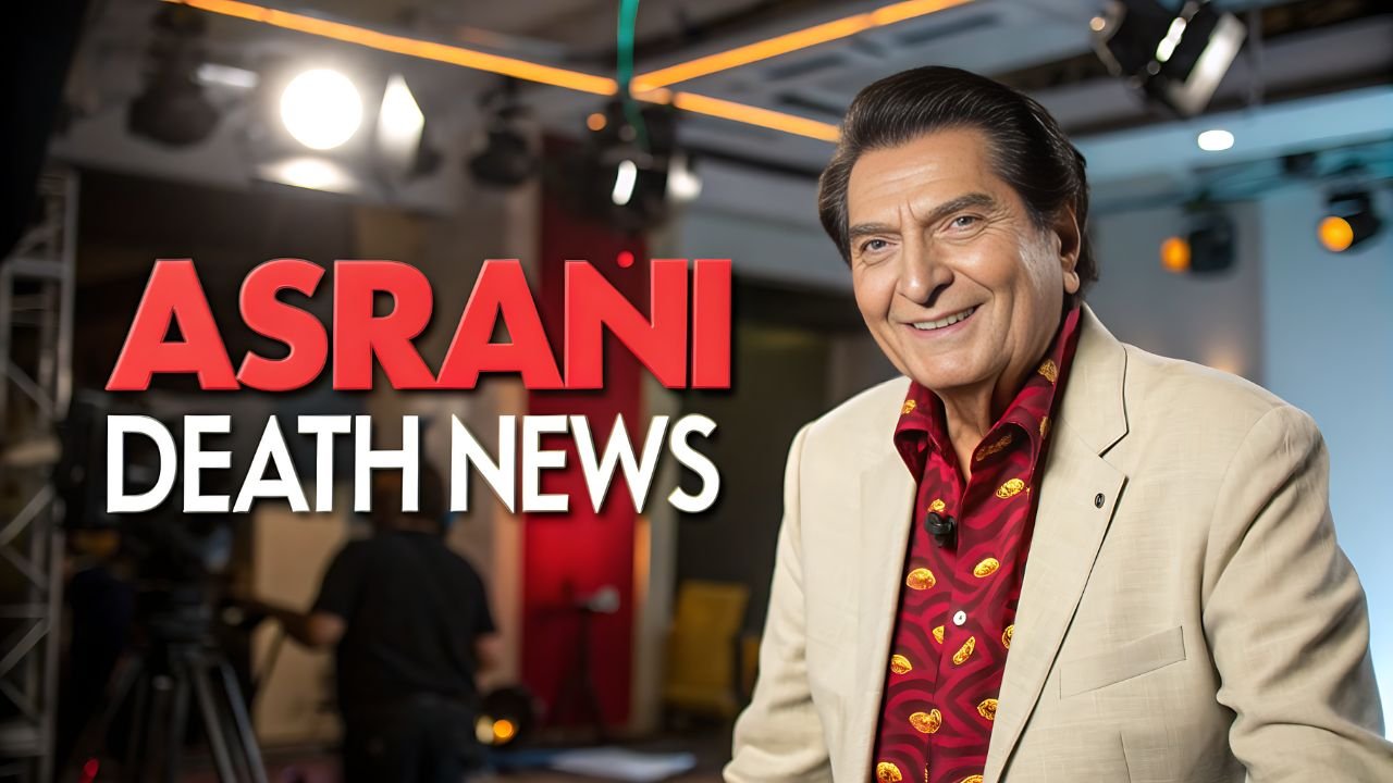 Asrani smiling in a colorful cinematic thumbnail for Asrani Death News