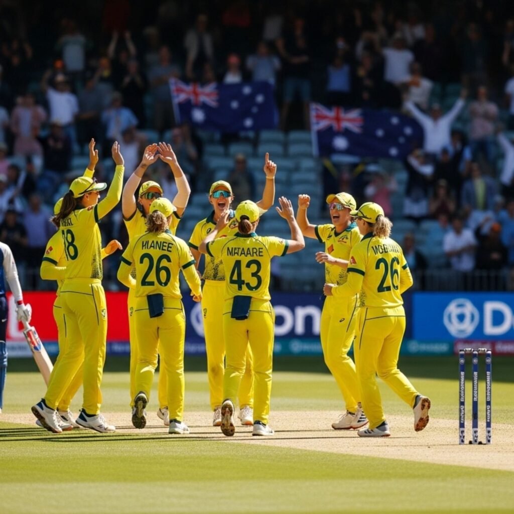 Australian women's team celebrates wicket in semi final 2025