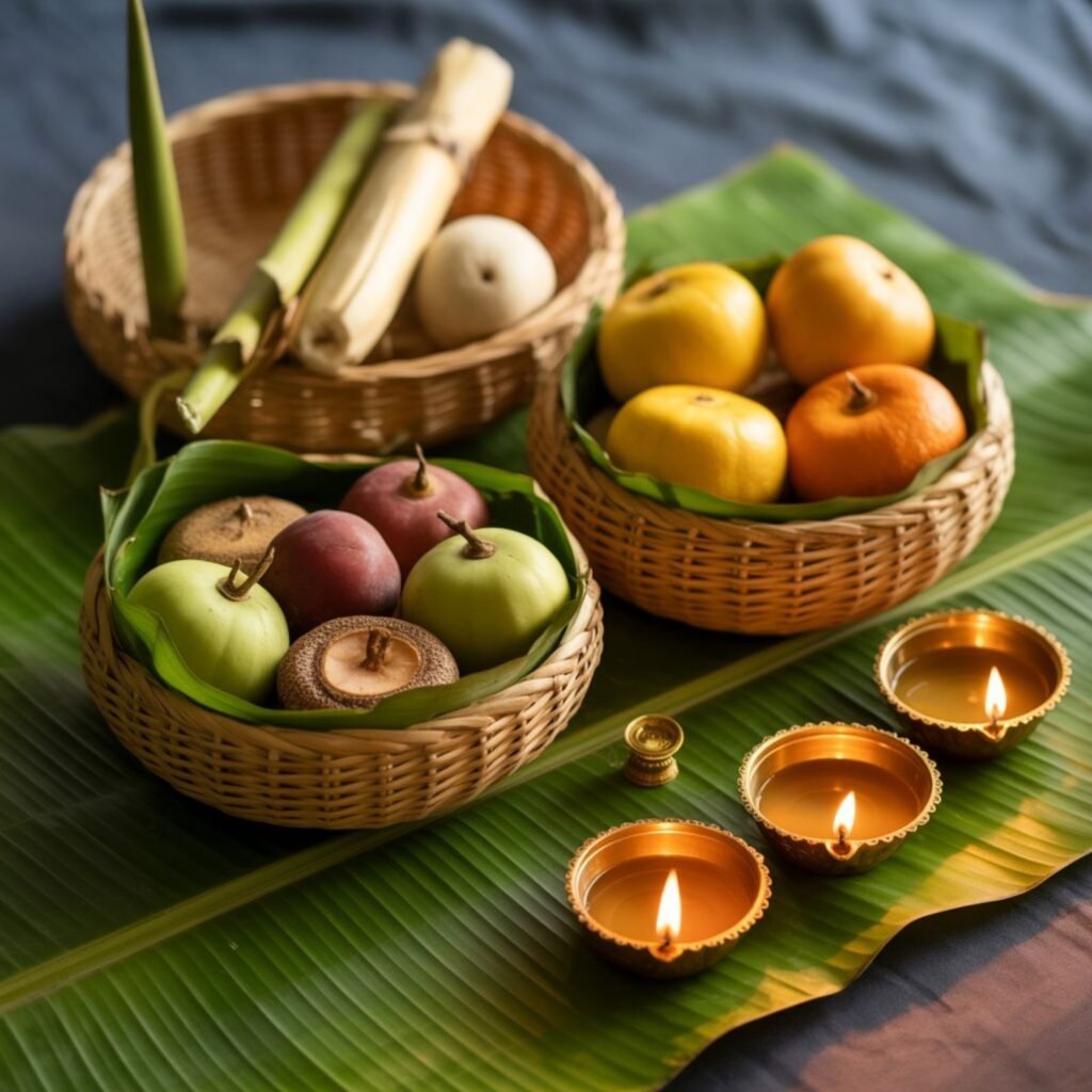 Chhath Puja prasad and offerings in bamboo baskets