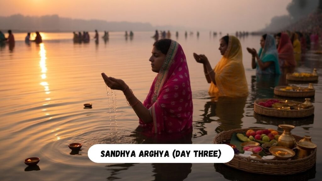 Women offering evening prayers to setting sun during Chhath Puja