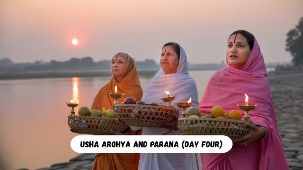 Devotees offering morning prayers to rising sun during Chhath Puja