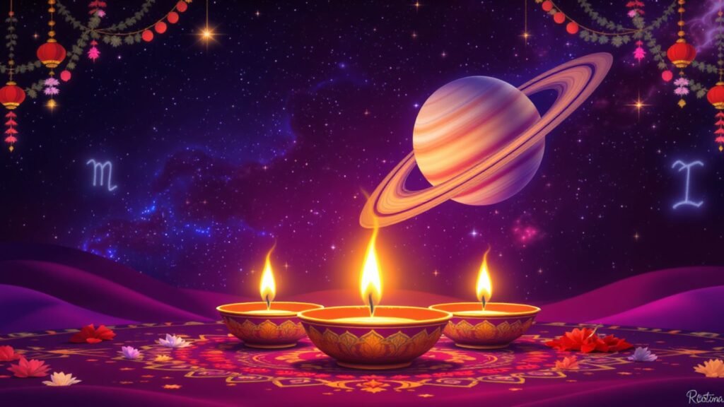 Diwali 2025 with Saturn and zodiac symbols illustration