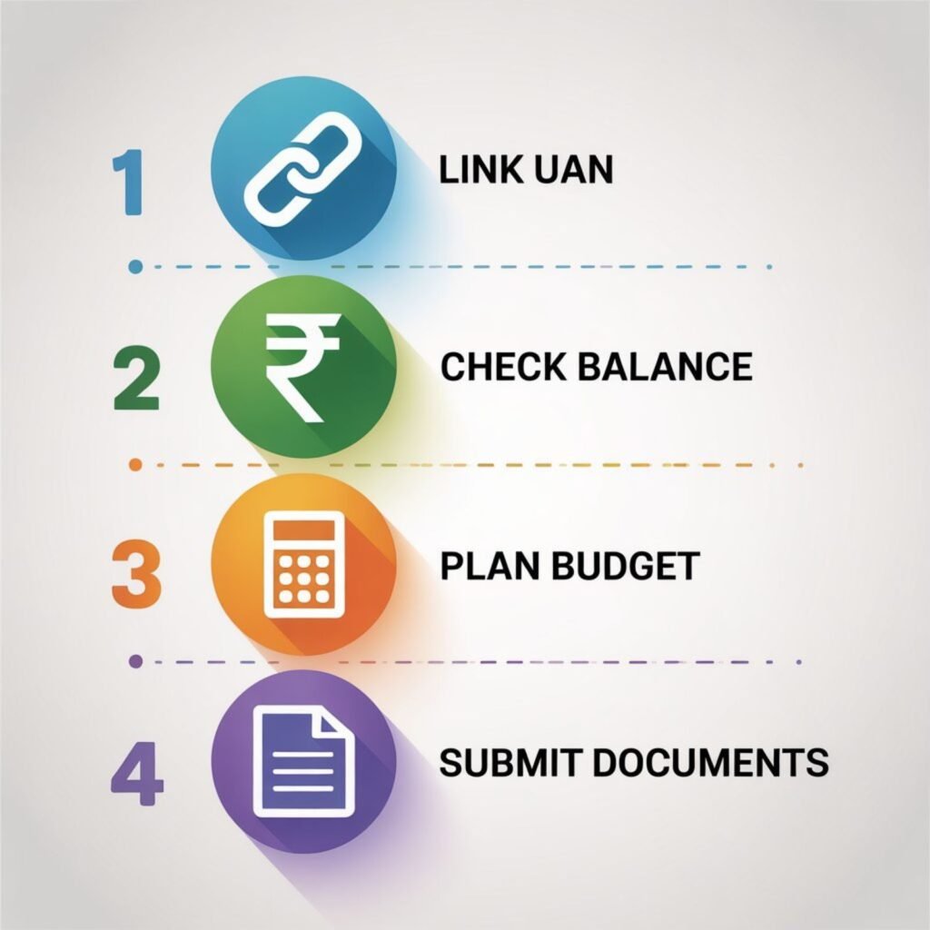 Checklist-style visual for PF withdrawal actions: link UAN, check balance, plan budget, submit documents