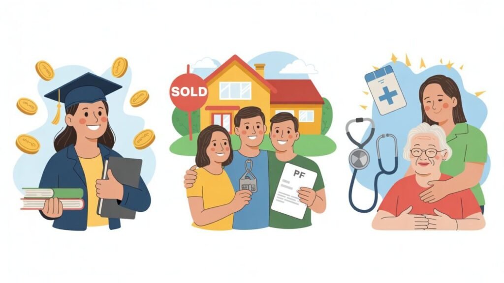 Illustration showing people using PF money for education, house, and emergencies, representing EPFO new withdrawal rules