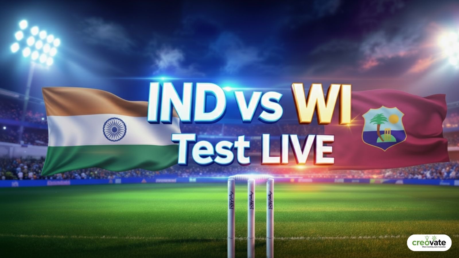 IND vs WI Test 2025 live thumbnail with stadium background