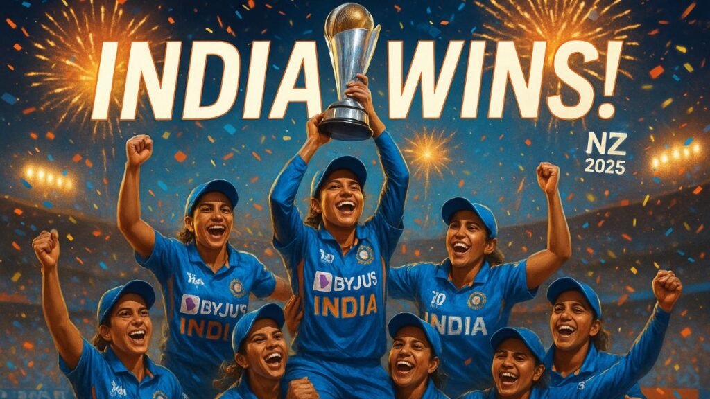 India women’s cricket team celebrating victory with trophy after 2025 Women’s WC match