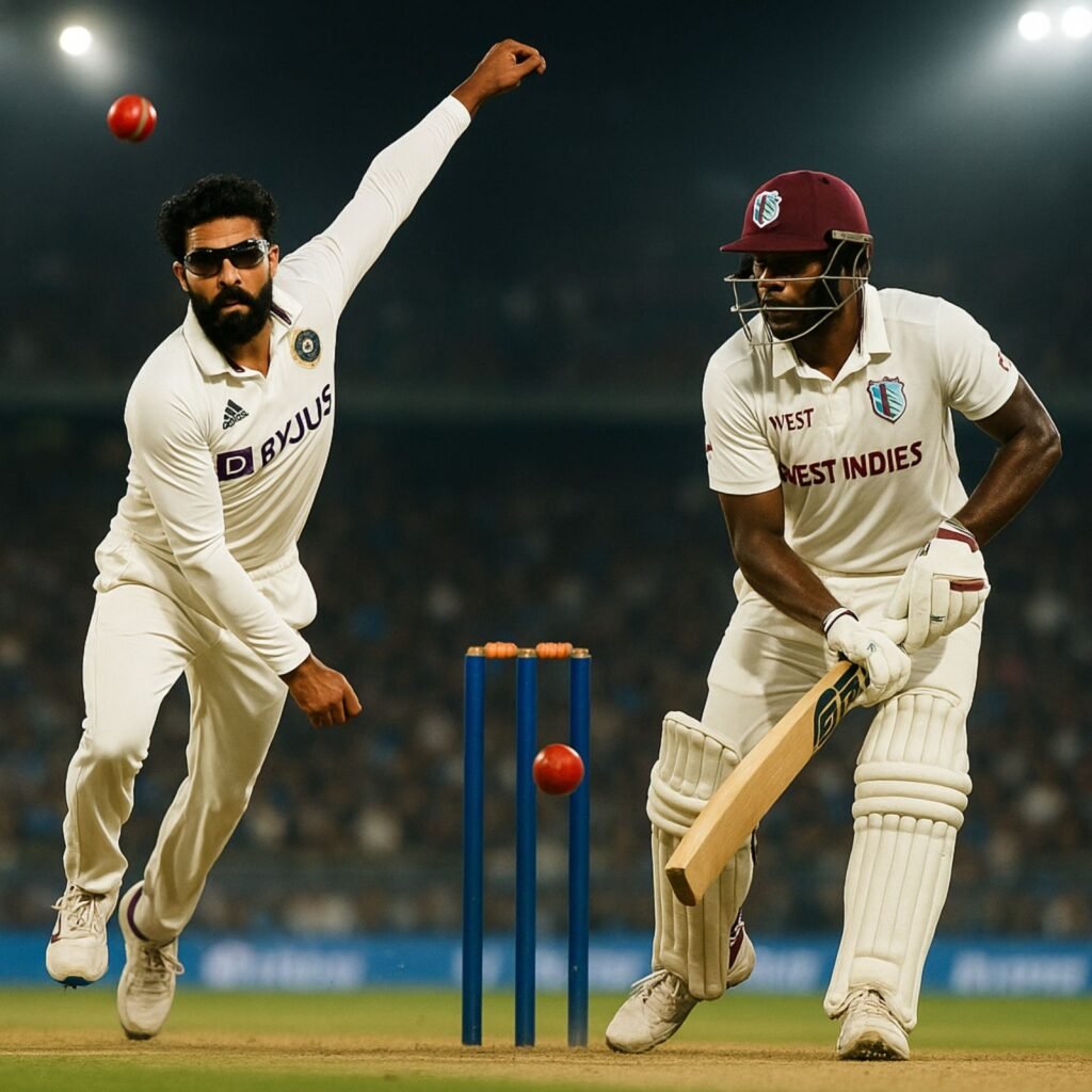 Ravindra Jadeja bowling to West Indies batsman in Test match