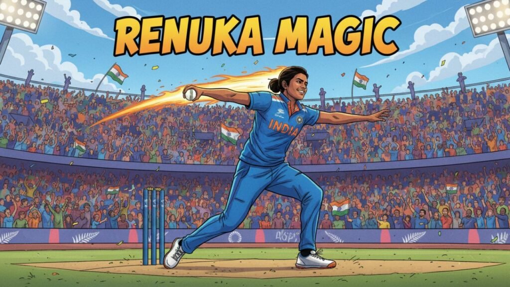 Renuka Singh Thakur delivering a fast bowling spell in Women’s WC 2025 against New Zealand