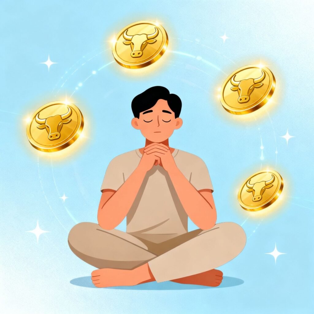 Person contemplating money with Taurus symbols floating