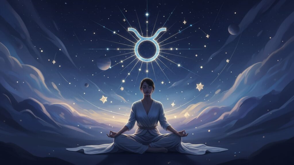 Person meditating with glowing Taurus symbol and cosmic background